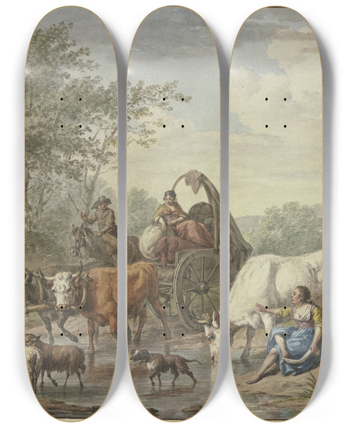 Triptych art skateboard deck of Aert Schouman Hirten Fahren Mit Einem Wagen Durchs Wasser Rechts Eine Hirtin Die Sich Die Fe Wscht Bei Einer Weien Kuh by Aert Schouman (1710-1792)