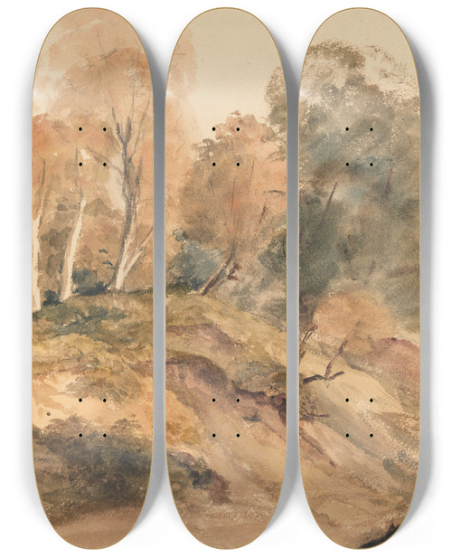 Triptych art skateboard deck of Peter Dewint Trees On A Bank by Peter Dewint (1784-1849)