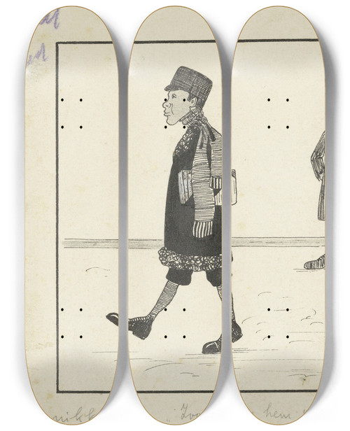 Triptych art skateboard deck of Wybo Meijer Drie Witte Jongens Pesten Een Zwarte Jongen by Wybo Meijer (1885-1942)