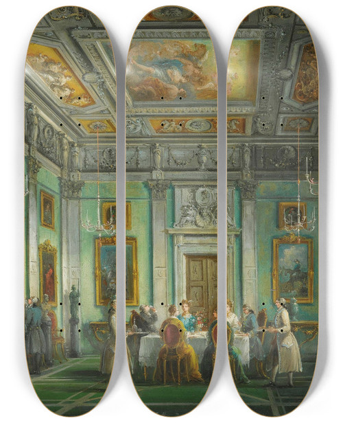 Triptych art skateboard deck of Giuseppe Bernardino Bison Interior Of An Elegant Dining Room With A Dinner Party by Giuseppe Bernardino Bison (1762-1844)