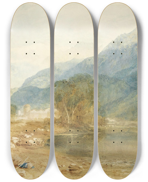 Triptych art skateboard deck of Joseph Mallord William Turner A View From The Castle Of St Michael Bonneville Savoy From The Banks Of The Arve River by Joseph Mallord William Turner (1775-1851)