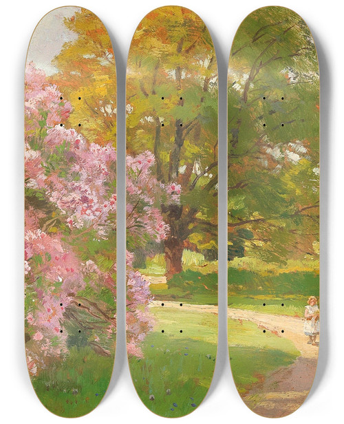 Triptych art skateboard deck of Hugo Darnaut A Blossoming Bush by Hugo Darnaut (1850-1937)