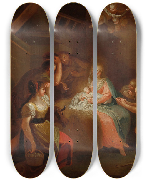 Triptych art skateboard deck of Johann Josef Karl Henrici The Adoration Of The Shepherds by Johann Josef Karl Henrici (1737-1823)