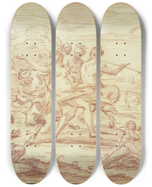 Triptych art skateboard deck of Raymond Lafage Tanzende Nymphen Und Satyrn by Raymond Lafage (1656-1682)