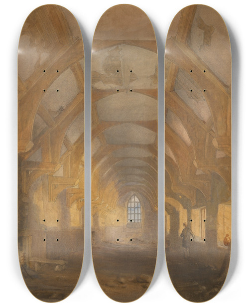 Triptych art skateboard deck of John Sell Cotman Interior Of A Dormitory Of The Ipswich Blackfriars At The End Of Its Period Of Occupation By Ipswich School by John Sell Cotman (1782-1842)