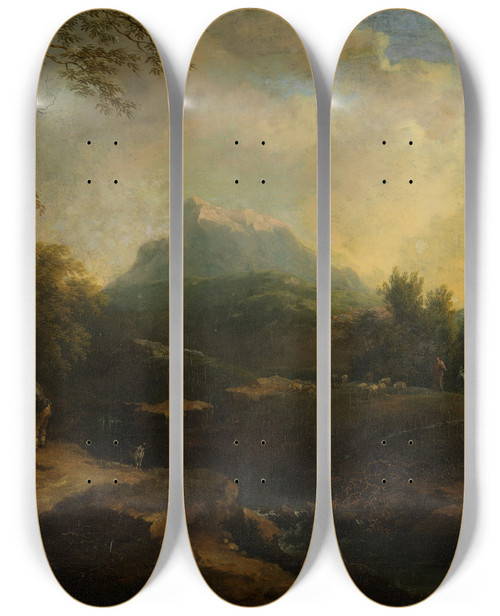 Triptych art skateboard deck of Christian Wilhelm Ernst Dietrich Bergige Landschaft Mit Bach by Christian Wilhelm Ernst Dietrich (1712-1774)