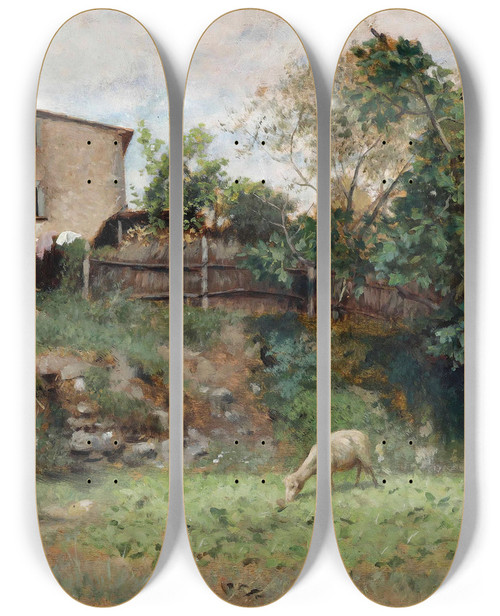 Triptych art skateboard deck of Luigi Bechi Scena Campestre by Luigi Bechi (1830-1919)