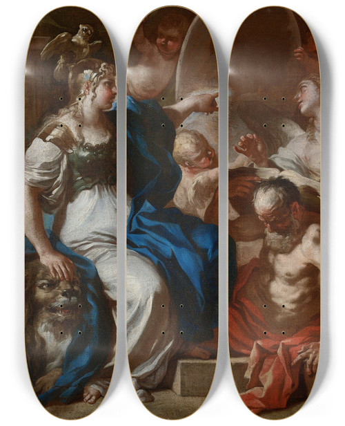 Triptych art skateboard deck of Francesco Solimena Minerva With Chronos And History A Study For An Allegory Of The Reign Of The Hapsburgs In Naples by Francesco Solimena (1657-1747)