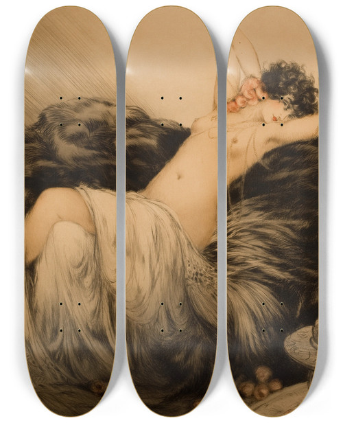 Triptych art skateboard deck of Louis Icart Nude With Black Fur by Louis Icart (1888-1950)