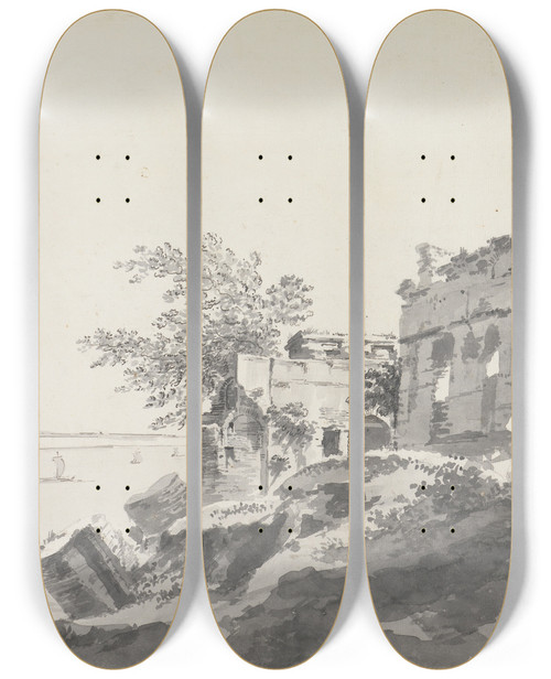 Triptych art skateboard deck of William Hodges Original Drawings For Choix De Vues De Linde And Others Pl49 by William Hodges (1744-1797)