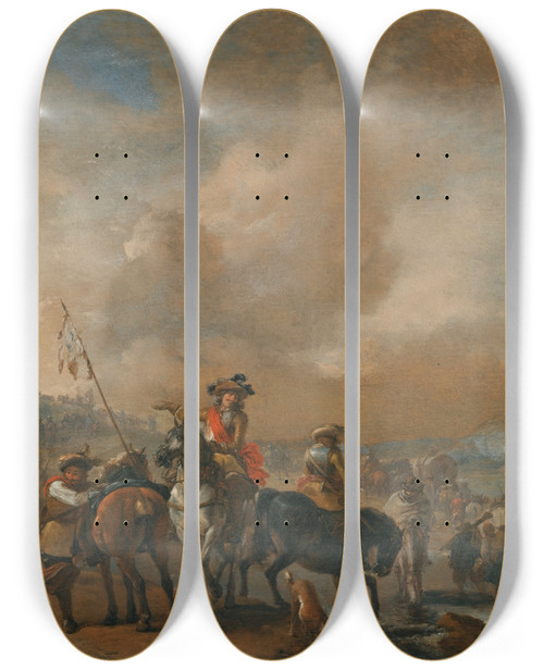 Triptych art skateboard deck of Philips Wouwerman Cavalry On The Move A Fortification Under Siege Beyond by Philips Wouwerman (1619-1668)