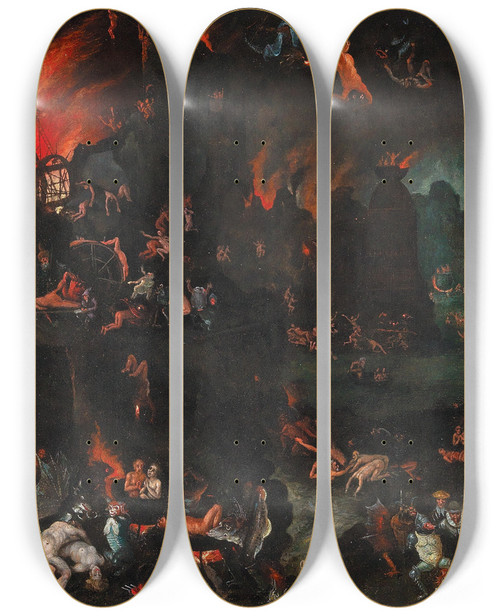 Triptych art skateboard deck of Jan Brueghel The Elder A Scene Of Hell by Jan Brueghel The Elder (1568-1625)