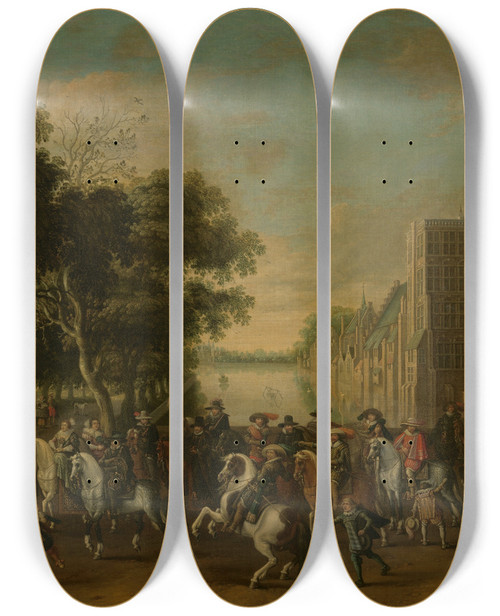 Triptych art skateboard deck of Pauwels Van Hillegaert Prince Maurits Accompanied By Prince Frederik Hendrik Frederick V Of Bohemia And His Wife Elizabeth Stuart And Others On The Buitenhof The Hague by Pauwels Van Hillegaert (1596-1640)