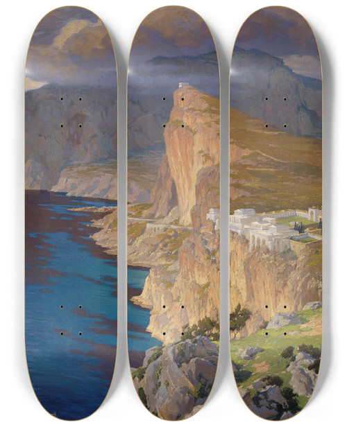 Triptych art skateboard deck of Paul Von Spaun Idealisierte Ansicht Der Villa Jovis Auf Capri by Paul Von Spaun (1876-1932)