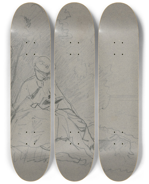Triptych art skateboard deck of Philipp Rumpf Reading Woman In The Outdoors by Philipp Rumpf (1821-1896)