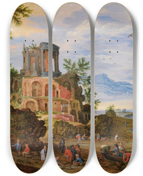 Triptych art skateboard deck of Jan Brueghel The Younger Landscape With Ruins Animated With Figures by Jan Brueghel the Younger (1601-1678)