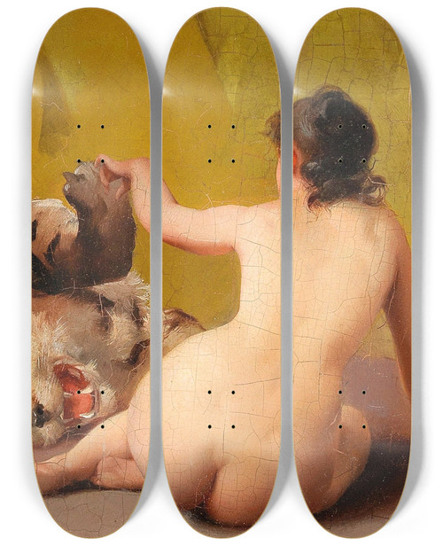Triptych art skateboard deck of Luis Ricardo Falero Playing With The Tiger by Luis Ricardo Falero (1851-1896)