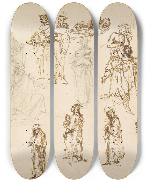 Triptych art skateboard deck of Francesco Vanni Figure Studies Standing And Kneeling Clerics And Religious Adam And Eve And A Reclining Skeleton by Francesco Vanni (1563-1610)