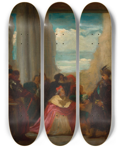 Triptych art skateboard deck of Henryk Rodakowski Count Wilczek Beseeching King John Sobieski To Help Vienna Against The Turks Sketch by Henryk Rodakowski (1823-1894)