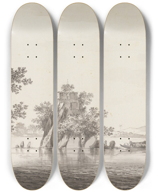 Triptych art skateboard deck of William Hodges Original Drawings For Choix De Vues De Linde And Others Pl48 by William Hodges (1744-1797)