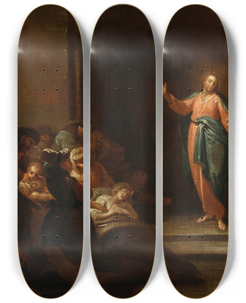 Triptych art skateboard deck of Johann Josef Karl Henrici Christ Raising A Child From Death by Johann Josef Karl Henrici (1737-1823)