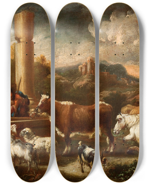 Triptych art skateboard deck of Johann Mathias Wuzer Cattle At The Ruins Of The Temple by Johann Mathias Wuzer (1760-1838)