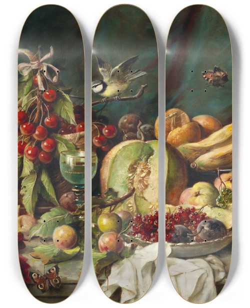 Triptych art skateboard deck of Hans Zatzka Frchtestillleben by Hans Zatzka (1859-1945)