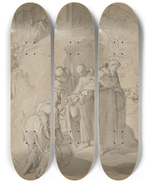 Triptych art skateboard deck of Bernardino Poccetti Saint Philip Benizi Converting Two Wicked Women At The City Of Todi by Bernardino Poccetti (1548-1612)