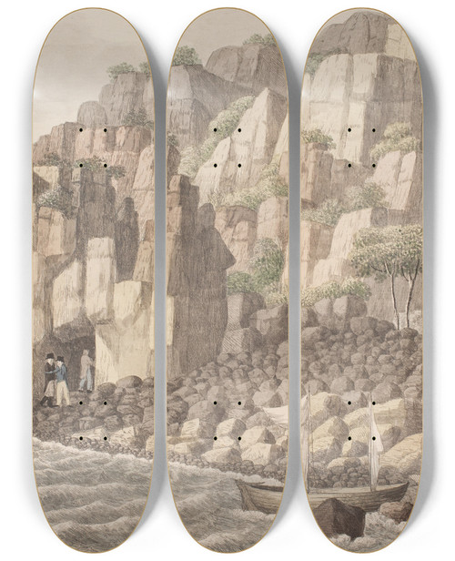 Triptych art skateboard deck of Sren L Lange Klippen Kaldet Jons Kirken I Ruths Sogn P Bornholm by Soren L Lange (1760-1828)