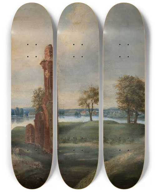 Triptych art skateboard deck of Franciszek Smuglewicz Birai In Lithuania With The Ruins Of The Radziwi Castle by Franciszek Smuglewicz (1745-1807)