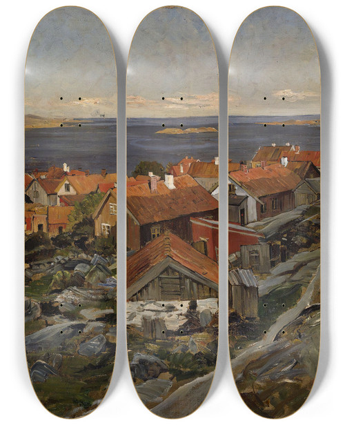 Triptych art skateboard deck of Gerhard Munthe View Of Nevlunghavn by Gerhard Munthe (1849-1929)