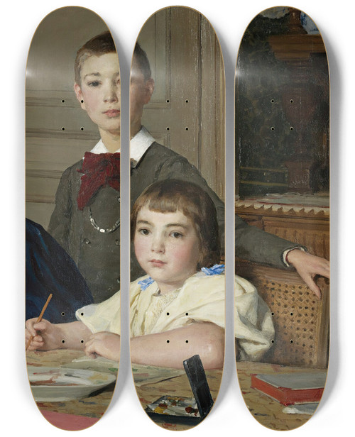 Triptych art skateboard deck of Albert Anker The Zaeslin Siblings by Albert Anker (1831-1910)