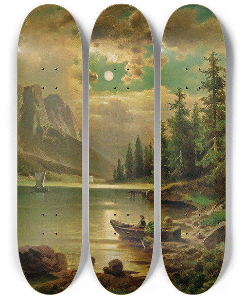 Triptych art skateboard deck of Anton Pick View Of The Grundlsee With The Backenstein In The Background by Anton Pick (1840-1905)