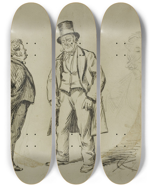 Triptych art skateboard deck of Charles Samuel Keene Sketch Of Two Standing Men And Two Portaits by Charles Samuel Keene (1823-1891)