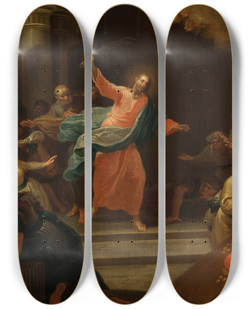Triptych art skateboard deck of Johann Josef Karl Henrici Christ Driving The Money Changers From The Temple by Johann Josef Karl Henrici (1737-1823)