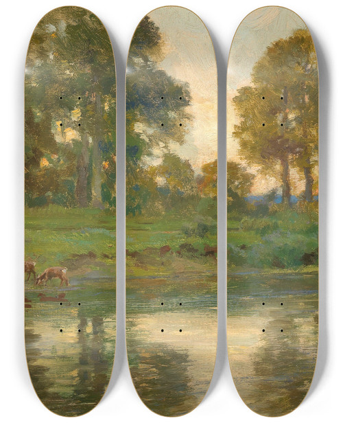Triptych art skateboard deck of Hugo Darnaut Red Deer By A Pond At Sunset by Hugo Darnaut (1850-1937)