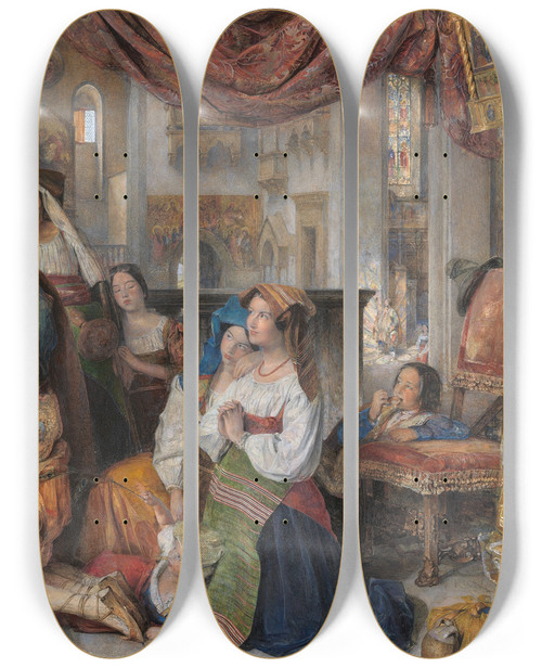 Triptych art skateboard deck of John Frederick Lewis Roman Pilgrims by John Frederick Lewis (1805-1876)