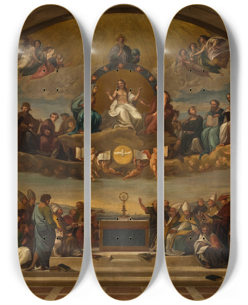 Triptych art skateboard deck of Giuseppe Cades Disputation Over The Most Holy Sacrament by Giuseppe Cades (1750-1799)