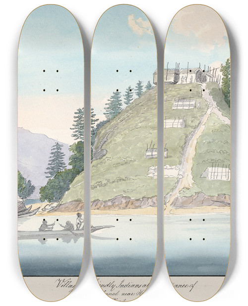 Triptych art skateboard deck of Charles Hamilton Smith Village Of Friendly Indians At The Entrance Of Buter Canal Near Hanover by Charles Hamilton Smith (1776-1859)
