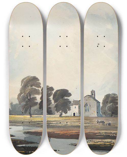 Triptych art skateboard deck of John Varley Meadow Scene With A Stream And Church Beyond by John Varley (1778-1842)