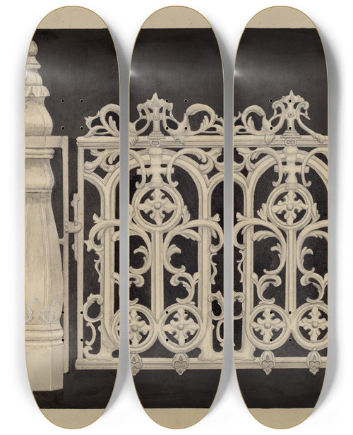 Triptych art skateboard deck of James M Lawson Iron Railing And Gate by James M Lawson