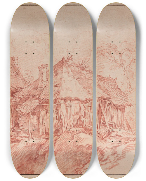 Triptych art skateboard deck of Franois Boucher Chaumires Dans Un Paysage Daprs Abraham Bloemaert by Francois Boucher (1703-1770)