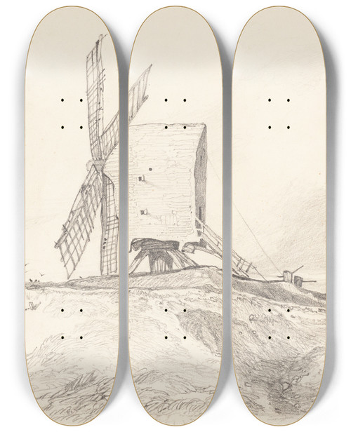 Triptych art skateboard deck of John Sell Cotman Eye Mill In Suffolk by John Sell Cotman (1782-1842)