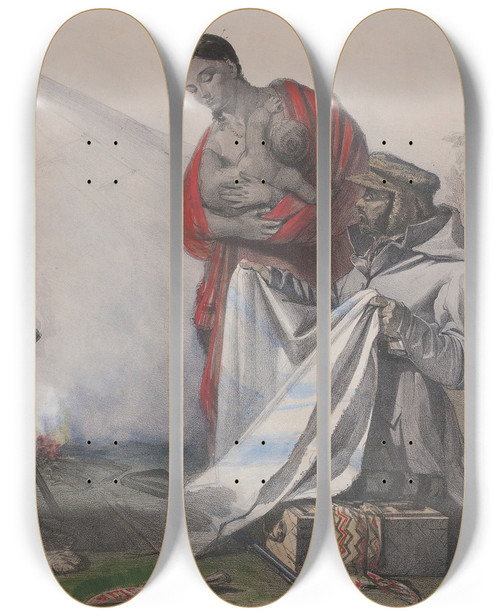 Triptych art skateboard deck of John Richard Coke Smyth Indians Bartering by John Richard Coke Smyth (1808-1882)