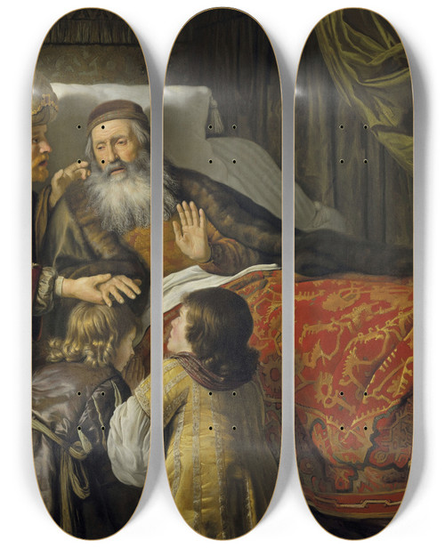 Triptych art skateboard deck of Jan Victors Jacob Blessing The Sons Of Joseph by Jan Victors (1619-1677)