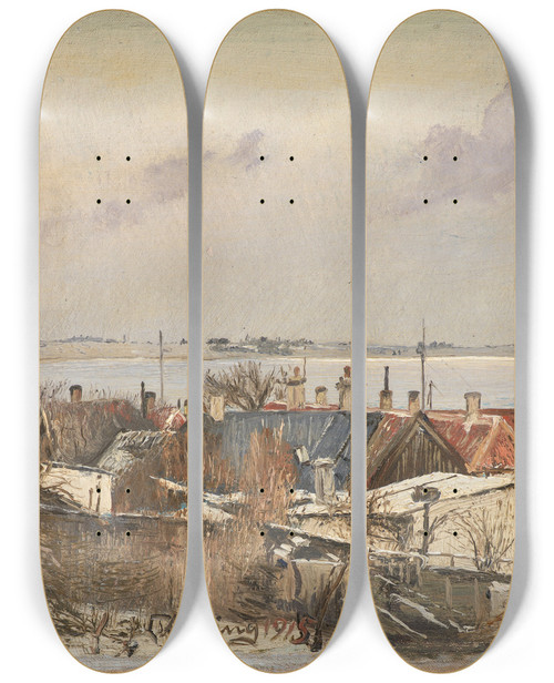 Triptych art skateboard deck of Laurits Andersen Ring View From Roskilde Towards The Fiord by Laurits Andersen Ring (1854-1933)