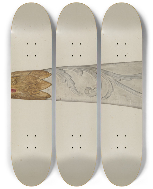 Triptych art skateboard deck of Alfred H Smith Small Ships Billet Head by Alfred H Smith