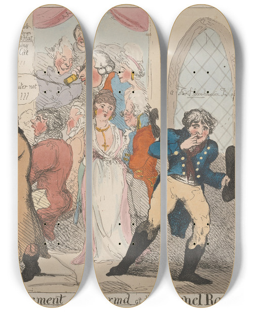 Triptych art skateboard deck of John Cawse Old Hat Or A Serious Divertisement As Performed At The Chappel Royal by John Cawse
