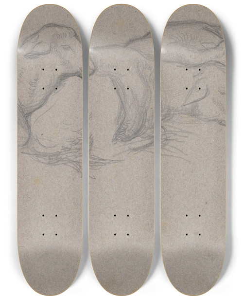 Triptych art skateboard deck of Victor Mller Drei Beieinander Liegende Schafe Nach Rechts by Victor Muller (1829-1871)