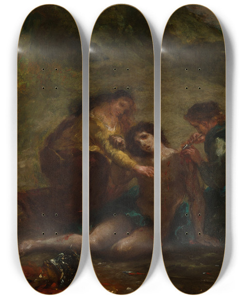 Triptych art skateboard deck of Eugne Delacroix St Sebastian With St Irene And Attendant by Eugene Delacroix (1798-1863)